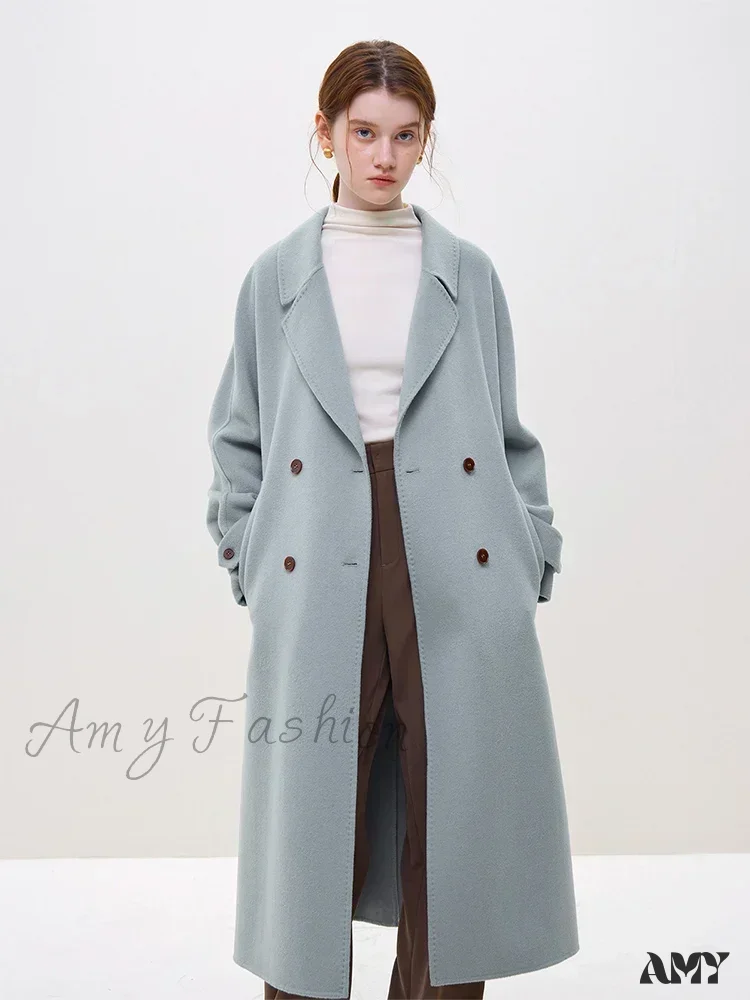 Wool Winter Notched Collar Belt Decoration Long Double Breasted Coat - Image 7