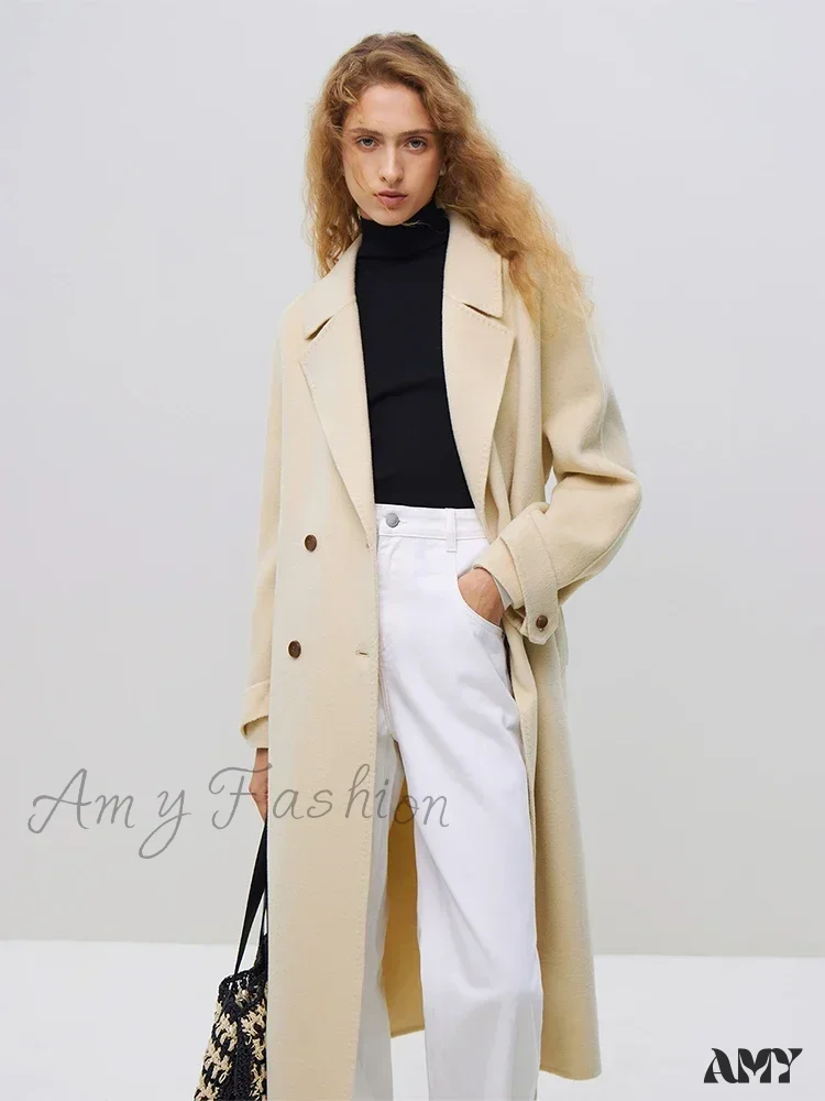 Wool Winter Notched Collar Belt Decoration Long Double Breasted Coat - Image 8