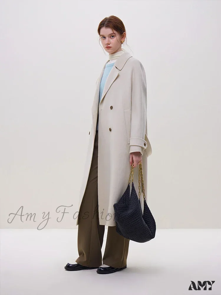 Wool Winter Notched Collar Belt Decoration Long Double Breasted Coat - Image 9