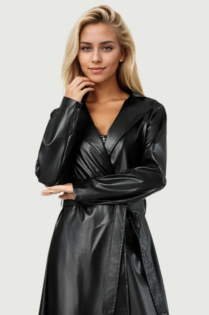Wrinkle-Resistant Long Bathrobe-Style Chic Leather Coat - Image 2