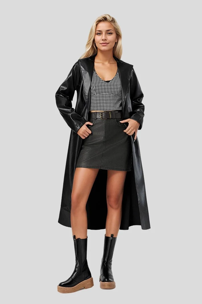 Wrinkle-Resistant Long Bathrobe-Style Chic Leather Coat - Image 3
