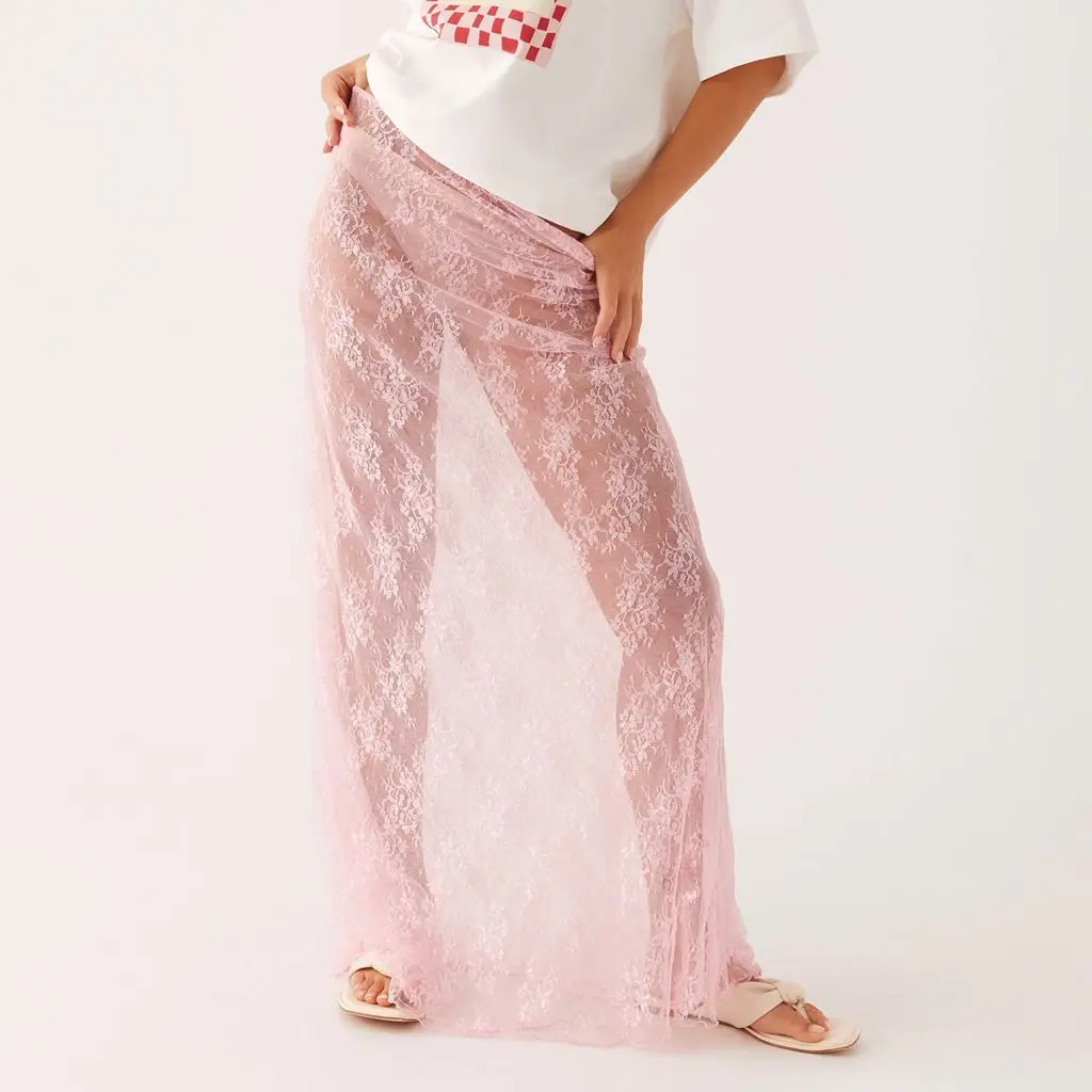 Y2K Floral Lace Sheer Long Skirt