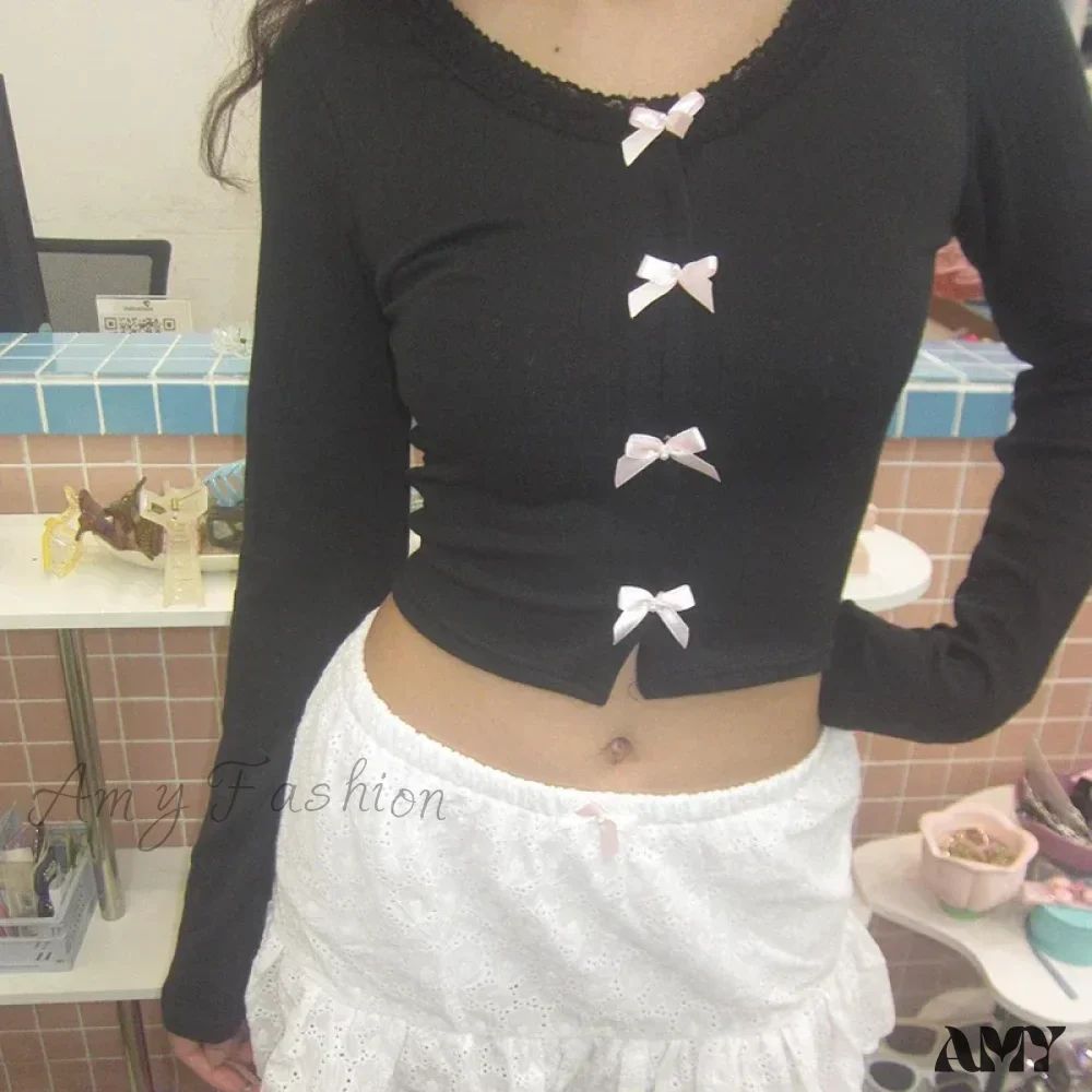 Y2K Lace Trim Kawaii Multi Cute Bow Single-breasted Solid Lolita Crop Top - Image 5
