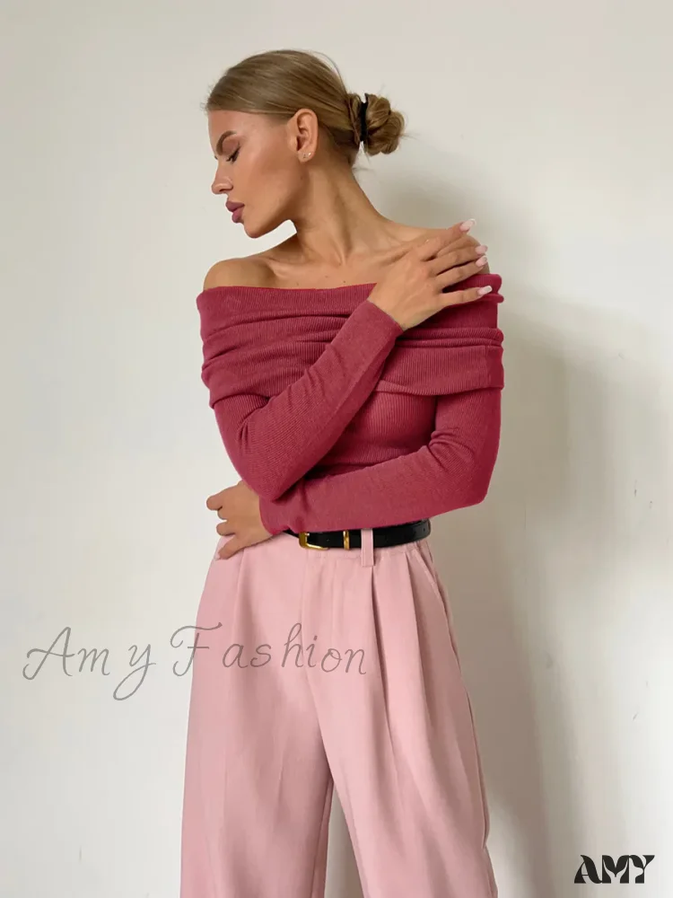 Y2K Off Shoulder Autumn Winter Solid Long Sleeve Streetwear Sweater - Image 2