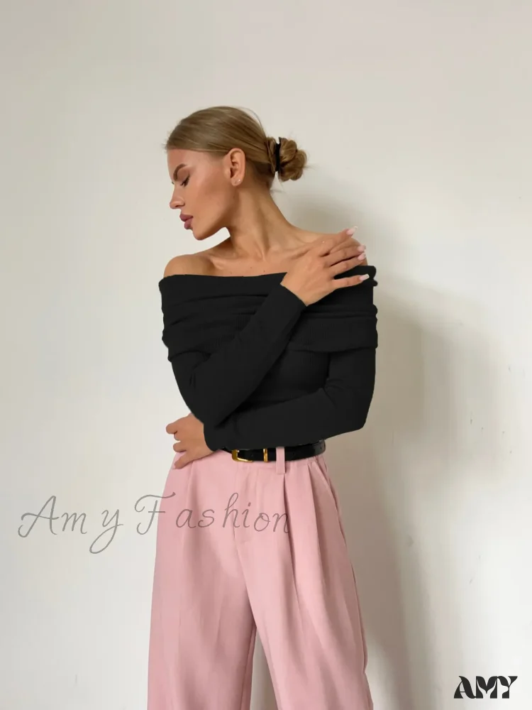 Y2K Off Shoulder Autumn Winter Solid Long Sleeve Streetwear Sweater - Image 4
