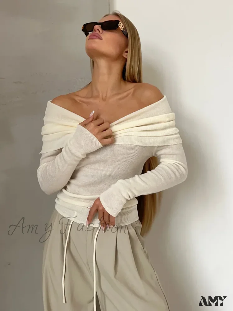 Y2K Off Shoulder Autumn Winter Solid Long Sleeve Streetwear Sweater - Image 6