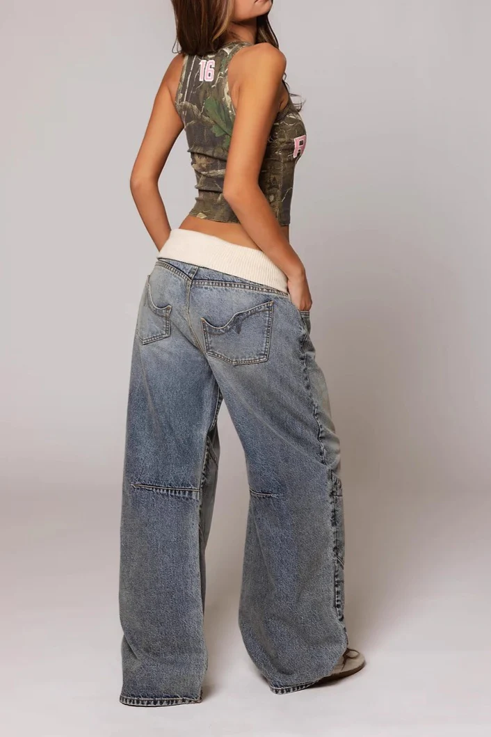 Y2K Retro Rolled-Waist Washed Blue Jeans - Image 3