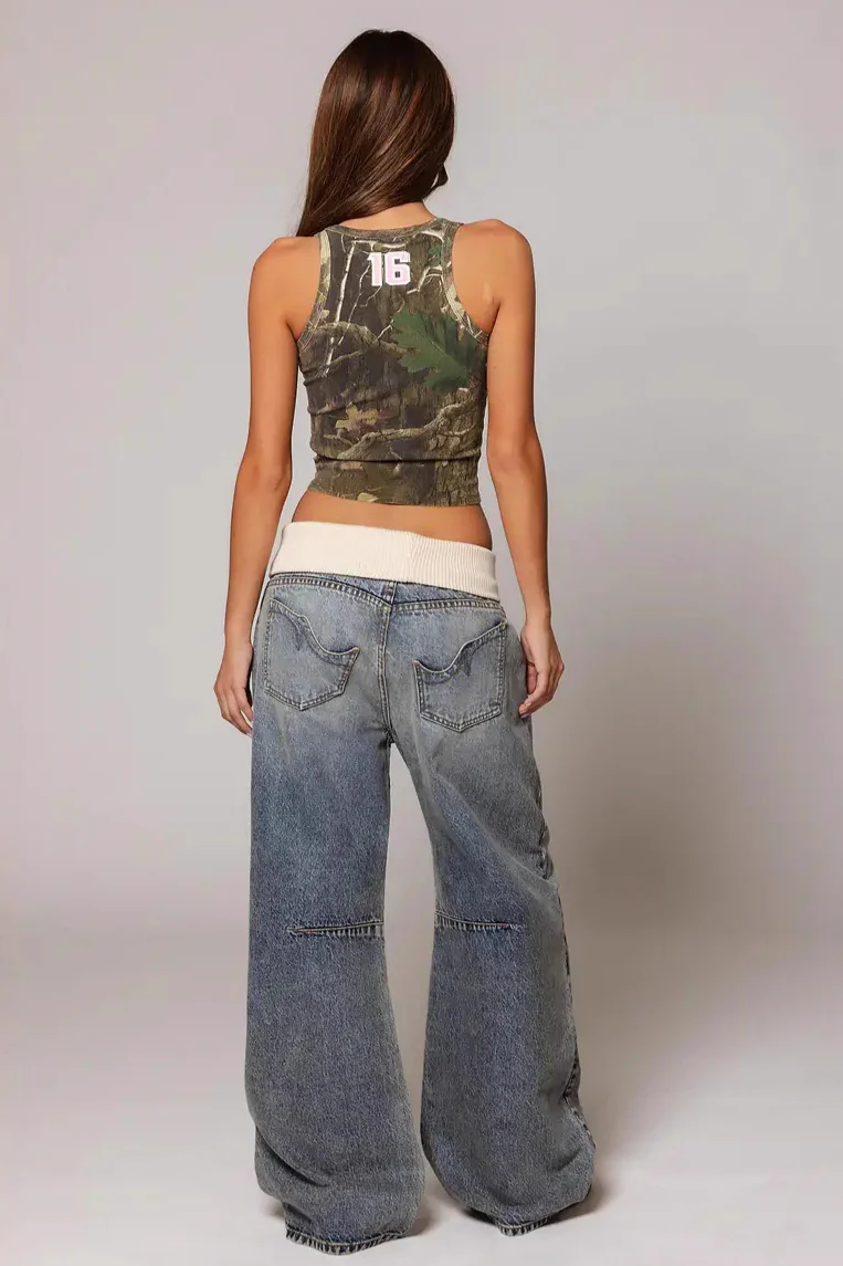 Y2K Retro Rolled-Waist Washed Blue Jeans - Image 4