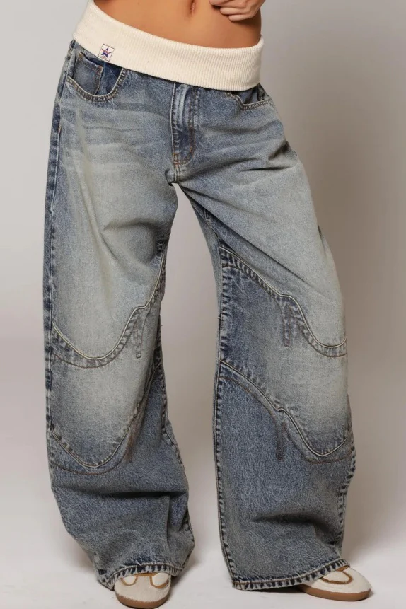 Y2K Retro Rolled-Waist Washed Blue Jeans - Image 5