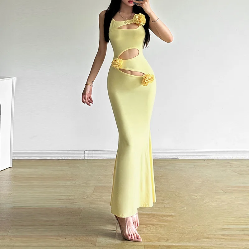 Yellow 3D Flower Cut Out Midi Dress - Image 2