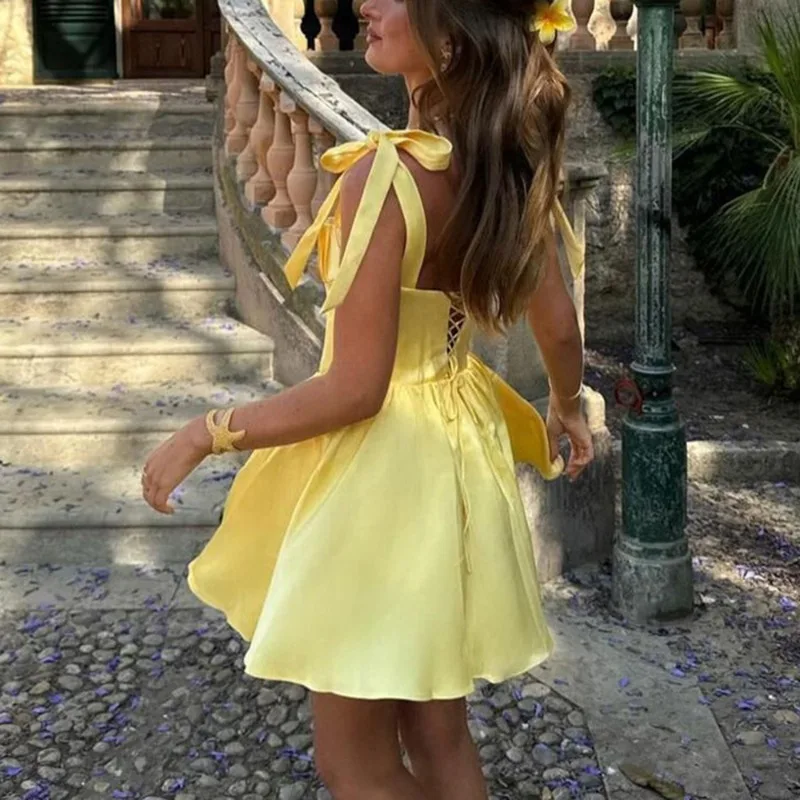 Yellow Halter Belt Pleated Mini Dress - Image 6