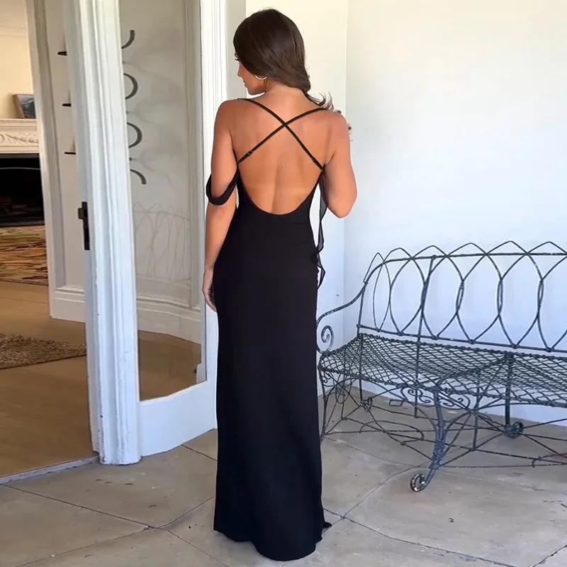 Yellow Suspender Backless Bodycon Prom Dress - Image 4