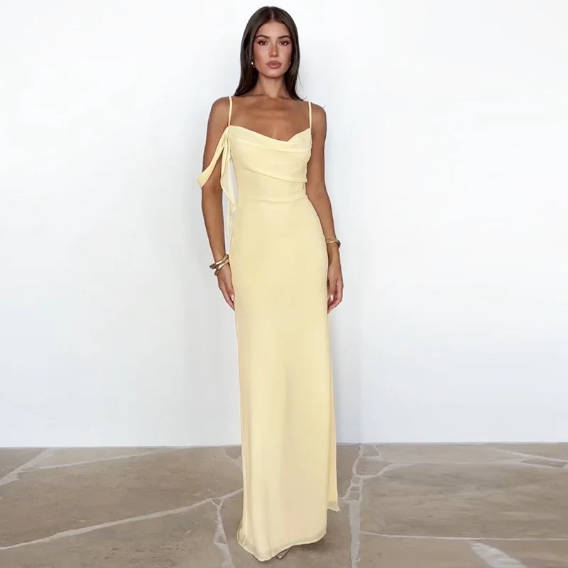 Yellow Suspender Backless Bodycon Prom Dress - Image 6
