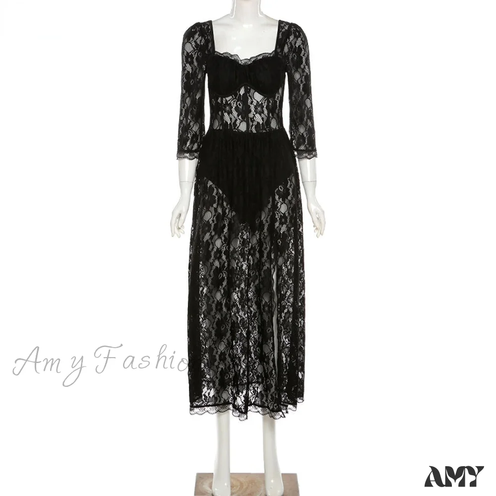 Amy Fashion - Sexy Black Lace Long Sleeve Mid-Calf Dress