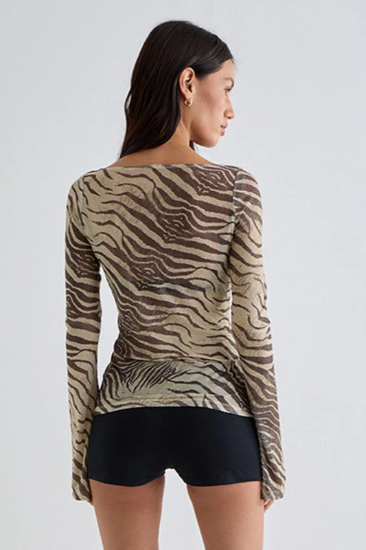 Zebra Print Mesh Sheer Flared-Sleeve Blouse - Image 4