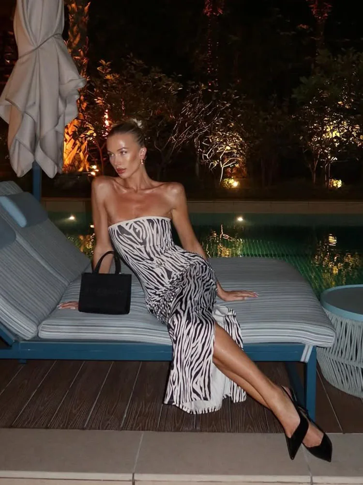 Zebra Print Strapless Split Party Dress - Image 3